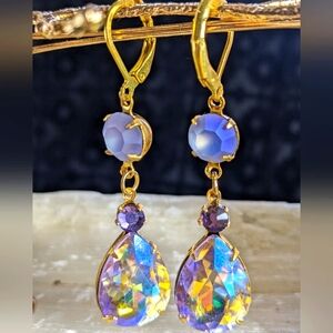 Swarovski Tanzanite Sparkles and AB Drop Down Earrings in Yellow Gold
